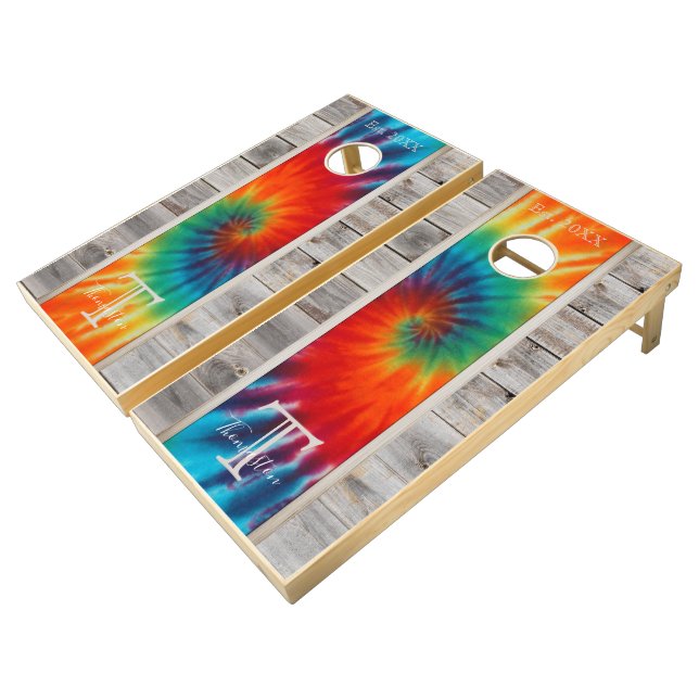 Tie Dye Spiral and Rustic Wood Monogram Stripe Cornhole Set (Angled)
