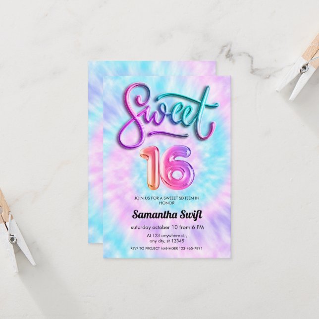 Tie Dye Sweet Sixteen invitations (Front/Back In Situ)