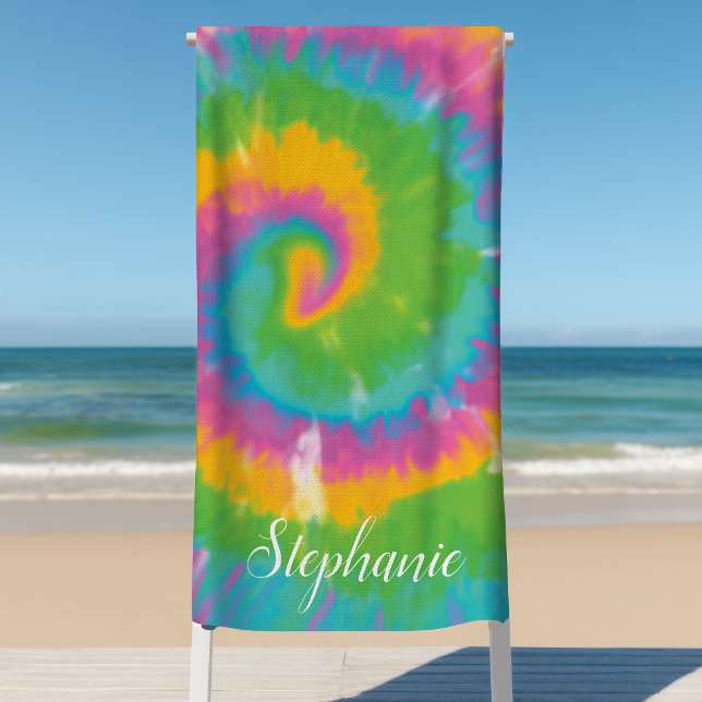 Tie Dye Swirl Abstract Retro Personalized Summer  Beach Towel (Creator Uploaded)