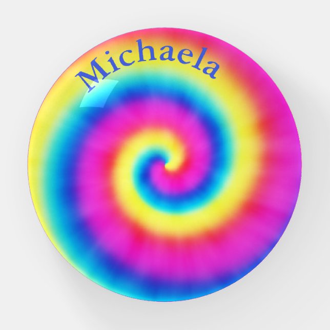 Tie Dye Swirl Pink Yellow Blue Navy Personalized Paperweight (Front)