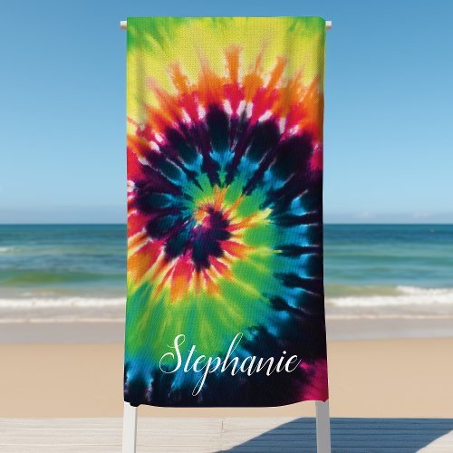 Tie Dye Swirl Rainbow Retro Personalized Summer Beach Towel