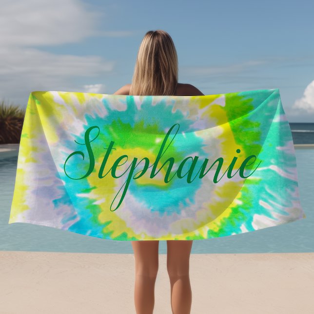 Tie Dye Swirl Yellow Blue Green Personalized Beach Towel (Creator Uploaded)