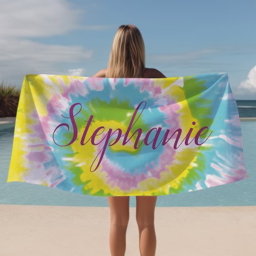 Tie Dye Swirl Yellow Blue Personalized Summer Beach Towel