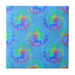 Tie Dye Tribal Turtle Moari Sun Light Blue Ceramic Tile