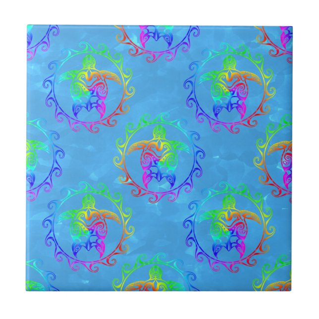 Tie Dye Tribal Turtle Moari Sun Light Blue Ceramic Tile (Front)