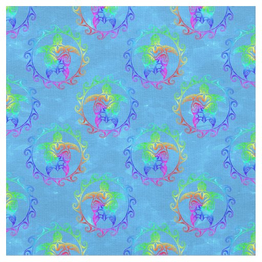 Tie Dye Tribal Turtle Moari Sun Light Blue Fabric