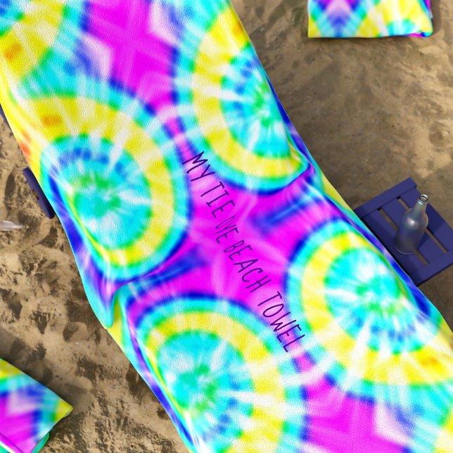 Tie Dye Trippy Hippie Groovy Custom Beach Towel (A colorful tie dye beach towel with space for your name. Groovy!)