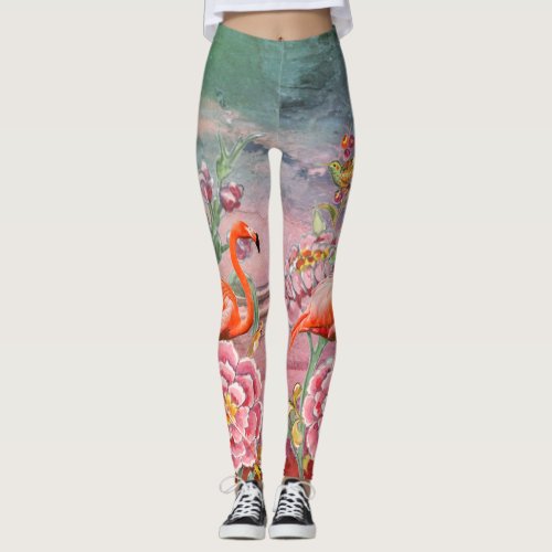 Tie Dye Tropical Flamingo  Pink Flowers Collage Leggings