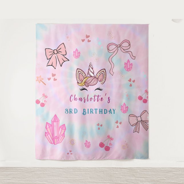  Tie Dye Unicorn Coquette Bow Birthday Backdrop  (Front)
