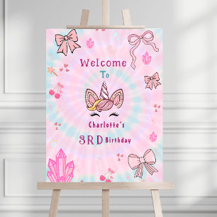 Tie Dye Unicorn Coquette Bow Birthday welcome sign