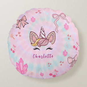  Tie Dye Unicorn Coquette Bow  Round Pillow