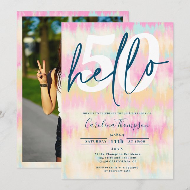 Tie dye unicorn rainbow pastel font photo hello 50 invitation (Front/Back)
