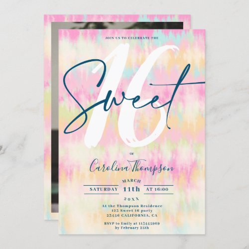 Tie dye unicorn rainbow pastel font photo Sweet 16 Invitation