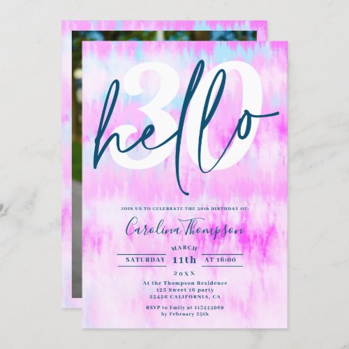 Tie dye unicorn rainbow pink font photo hello 30 invitation