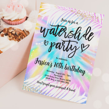 Tie Dye Water Slide Pool Party Birthday Invitation by PixelPerfectionParty at Zazzle