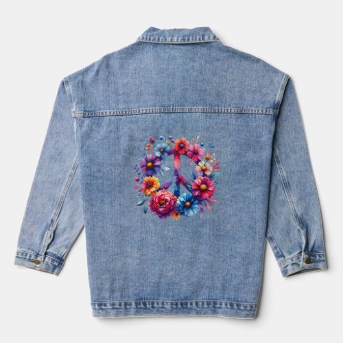 Tie Dye Watercolor Floral Peace Sign Denim Jacket