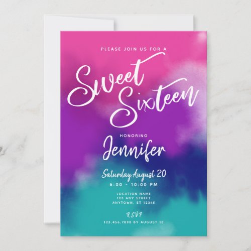 Tie_Dye Watercolor Pink Purple Sweet 16 Birthday Invitation