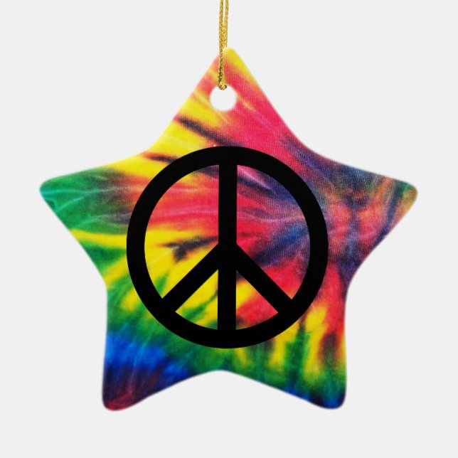 Tie Dyed Black Peace Sign Ceramic Ornament (Front)
