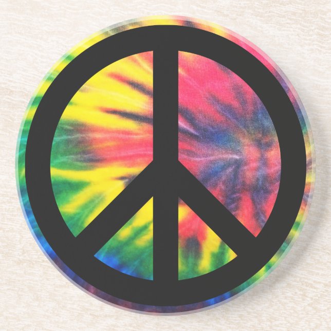 Tie Dyed Black Peace Sign Sandstone Coaster (Front)