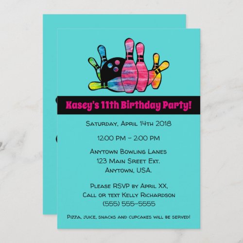 Tie Dyed Bowling Pins With Teal Birthday Party Invitation