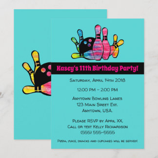 Tie Dyed Bowling Pins With Teal Birthday Party Invitation