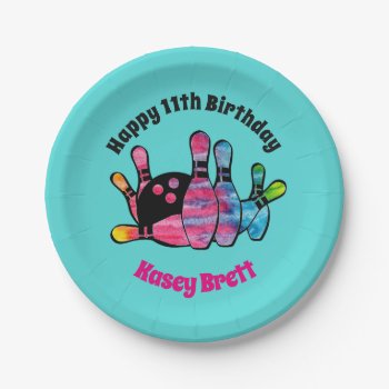 Tie Dyed Bowling Pins With Teal Birthday Party Paper Plates by csinvitations at Zazzle