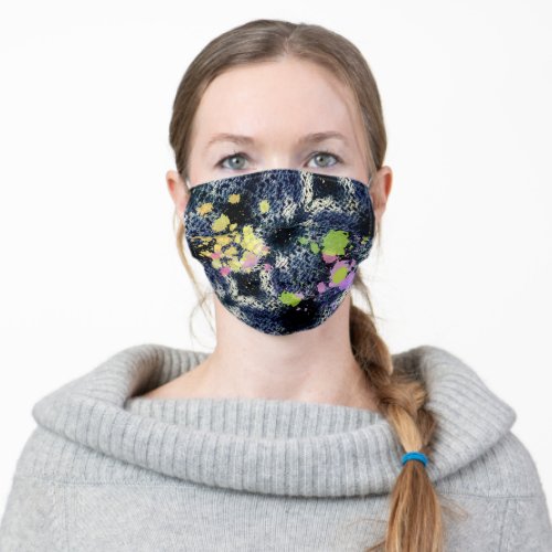 Tie dyed dark blue crochet with paint splashes adult cloth face mask