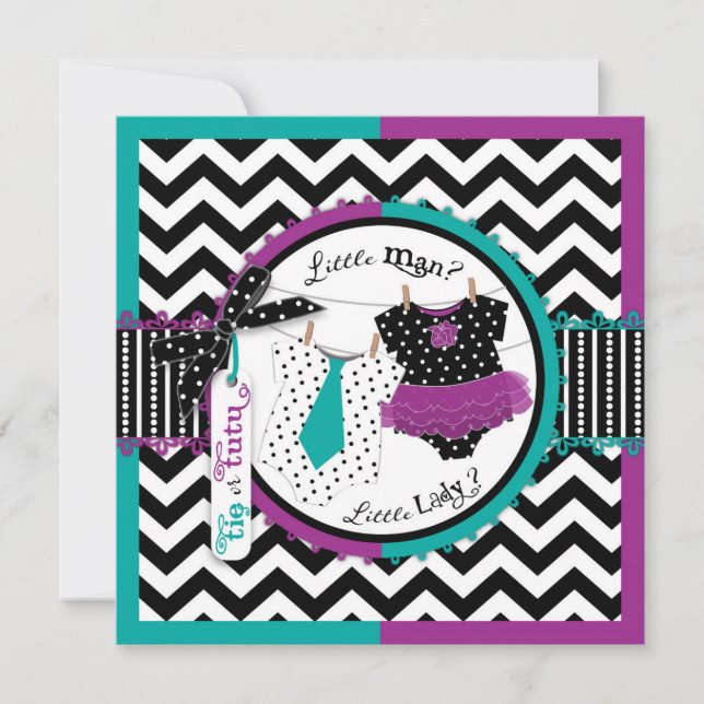 Tie or Tutu & Chevron Print Gender Reveal Party Invitation (Front)
