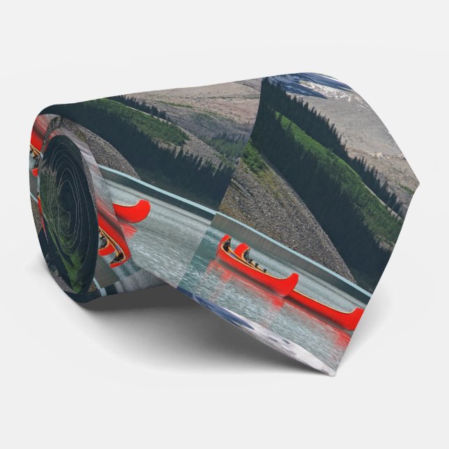Tie, Red Canoes, Mountains, Pattern Repeats Neck Tie (Rolled)