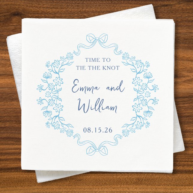  "Tie the Knot" Bow & Floral Design Custom Wedding Napkins (Charming 'Time to Tie the Knot' wedding napkins with floral and bow design, customizable and elegant)