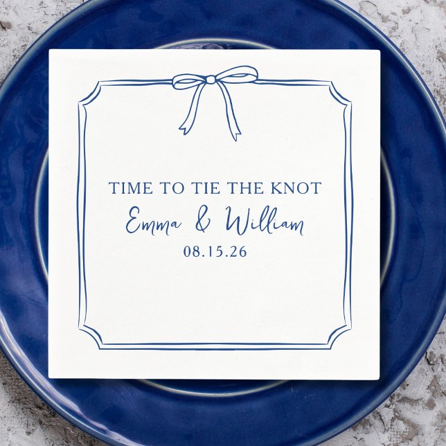 "Tie The Knot" Bow Simple Navy Blue Custom Wedding Napkins (Elegant 'Time to Tie the Knot' wedding napkins in a navy blue, featuring a cute hand drawn bow)