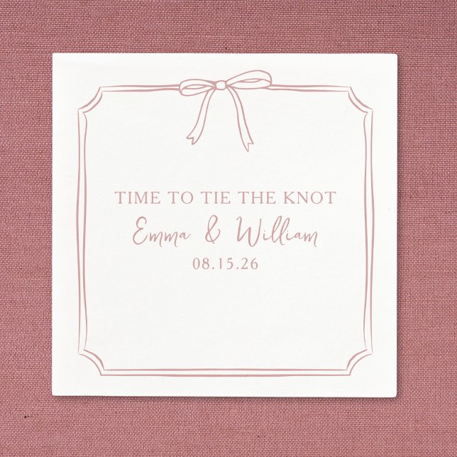 "Tie The Knot" Dusty Rose Bow Custom Names Wedding Napkins (Personalize chic dusty rose napkins with a bow—just right for your "Tie the Knot" celebration. )