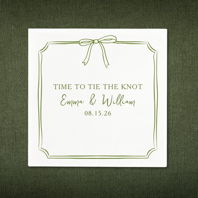 "Tie The Knot" Elegant Bow Simple Olive Wedding Napkins (Perfect for "Tying the Knot," these olive green napkins with a chic bow design can be customized!)