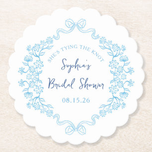  "Tie the Knot" Something Blue Bow Bridal Shower  Paper Coaster