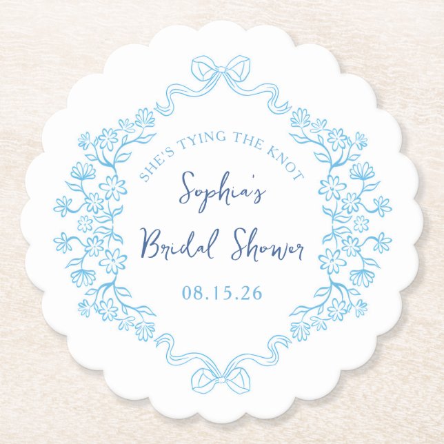  "Tie the Knot" Something Blue Bow Bridal Shower  Paper Coaster (Front)