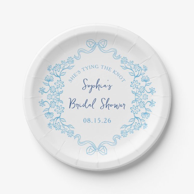  "Tie the Knot" Something Blue Bow Bridal Shower  Paper Plates (Front)