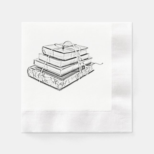 Tied Stacked Books Vintage Sketch Illustration  Paper Napkins (Front)