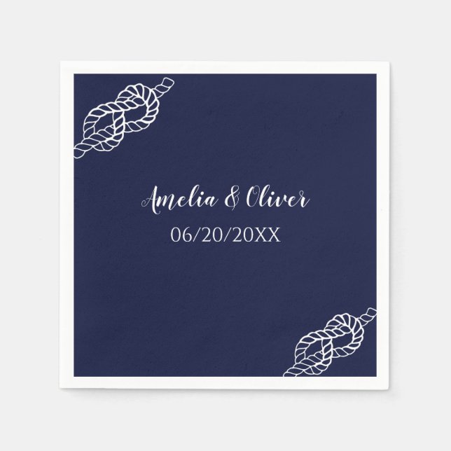 Tied The Knot Nautical Rope White & Navy Wedding Napkins (Front)