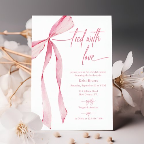 Tied With Love Watercolor Pink Bow Bridal Shower Invitation