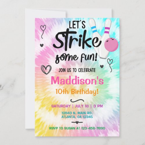 TieDye bowling strike Girl Birthday invite Invitation