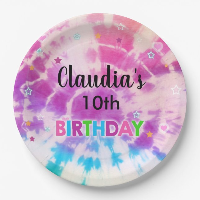 Tiedye girl birthday customized paper plate. paper plates (Front)