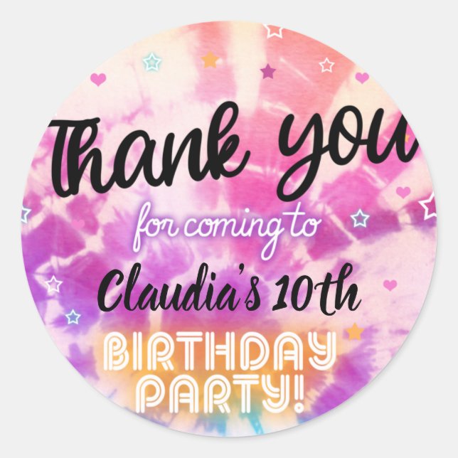 Tiedye girl birthday thank you circle sticker. classic round sticker (Front)