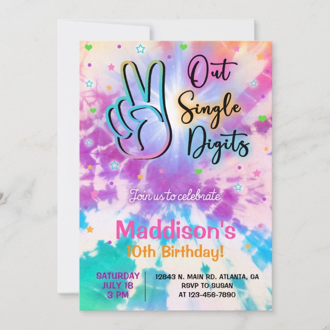 TieDye out single digits Girl Birthday invite. Invitation (Front)