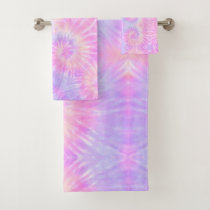 Tiedye Pastel Rainbow Spiral Hippie Tie Dye  Bath Towel Set