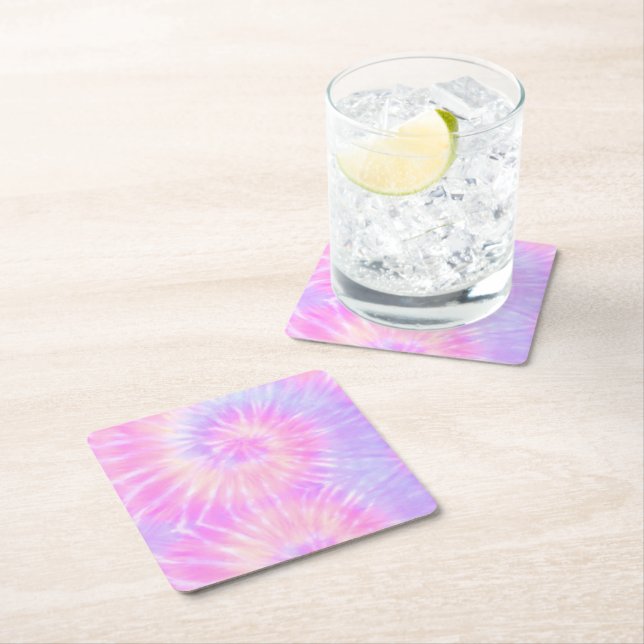 Tiedye Pastel Rainbow Spiral Hippie Tie Dye   Square Paper Coaster (Insitu)
