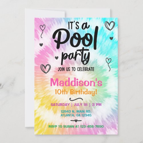 TieDye pool party Girl Birthday invite Invitation