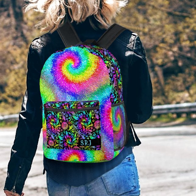 Tiedye Psychedelic Retro Hippie Flowers Monogram Printed Backpack (Creator Uploaded)