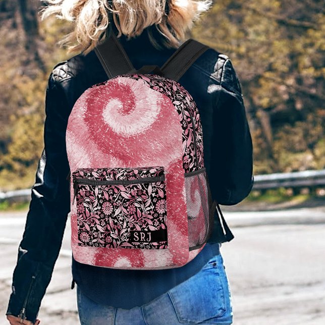 Tiedye Psychedelic Retro Pink Flowers Monogram Printed Backpack (Creator Uploaded)