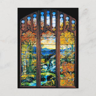 " Tiffanty Stained Glass Window Fall Landscape Postcard