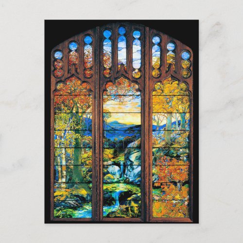  Tiffanty Stained Glass Window Fall Landscape Postcard